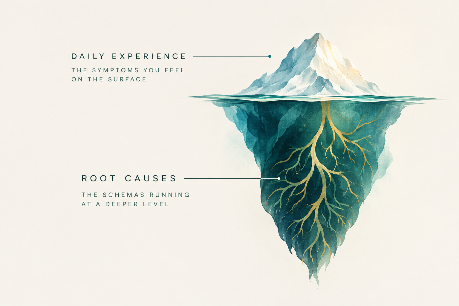 An iceberg: the symptoms you feel on the surface, and the schemas running at a deeper level